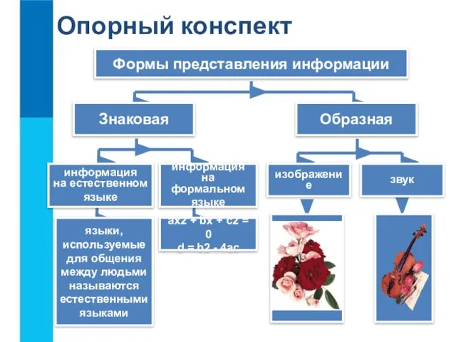 Опорный конспект Формы представления информации Знаковая Образная информация на естественном языке информация