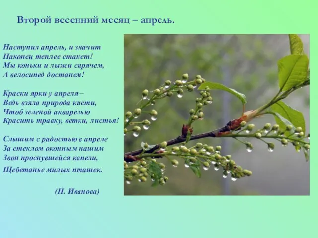 Второй весенний месяц – апрель. Наступил апрель, и значит Наконец теплее станет!