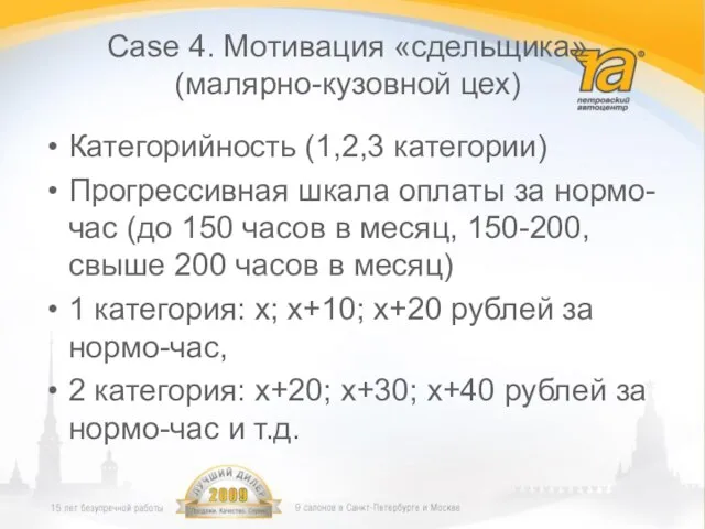 Case 4. Мотивация «сдельщика» (малярно-кузовной цех) Категорийность (1,2,3 категории) Прогрессивная шкала оплаты