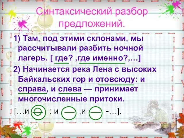 Синтаксический разбор предложений. 1) Там, под этими склонами, мы рассчитывали разбить ночной