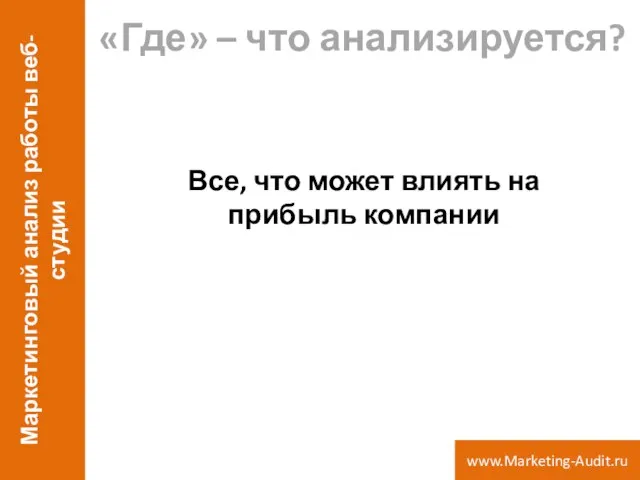 «Где» – что анализируется? Все, что может влиять на прибыль компании Маркетинговый анализ работы веб-студии www.Marketing-Audit.ru