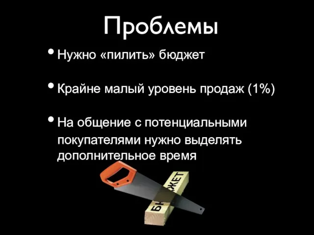 Проблемы Нужно «пилить» бюджет Крайне малый уровень продаж (1%) На общение с