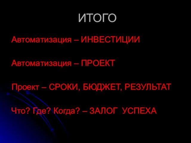 ИТОГО Автоматизация – ИНВЕСТИЦИИ Автоматизация – ПРОЕКТ Проект – СРОКИ, БЮДЖЕТ, РЕЗУЛЬТАТ