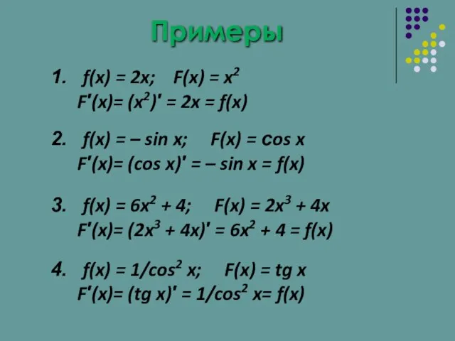 Примеры f(x) = 2x; F(x) = x2 F′(x)= (x2)′ = 2x =