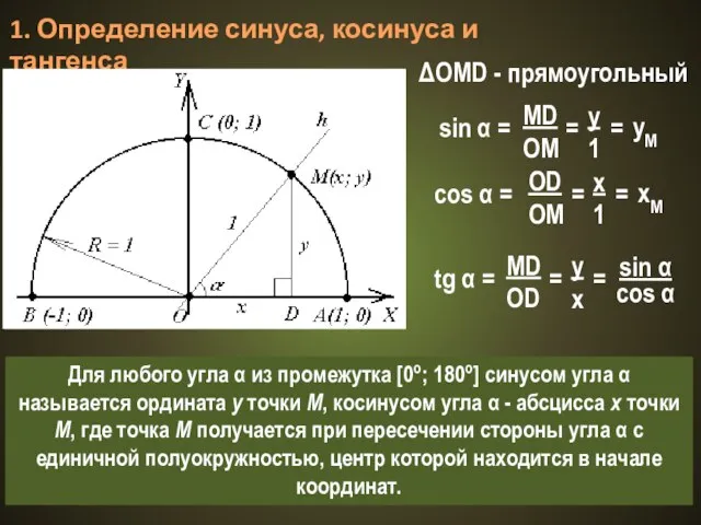 1. Определение синуса, косинуса и тангенса ΔOMD - прямоугольный sin α =