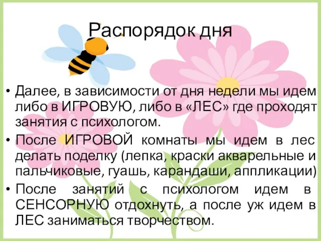 Распорядок дня Далее, в зависимости от дня недели мы идем либо в