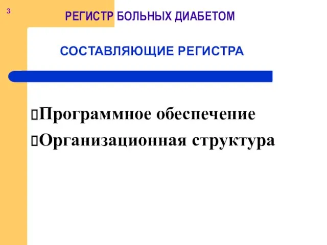 Программное обеспечение Организационная структура СОСТАВЛЯЮЩИЕ РЕГИСТРА БОЛЬНЫХ ДИАБЕТОМ РЕГИСТР 3