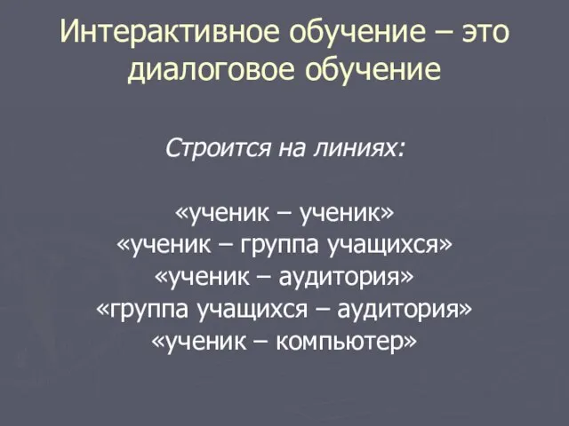 Интерактивное обучение – это диалоговое обучение Строится на линиях: «ученик – ученик»