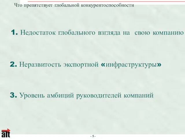 Что препятствует глобальной конкурентоспособности 3. Уровень амбиций руководителей компаний 2. Неразвитость экспортной