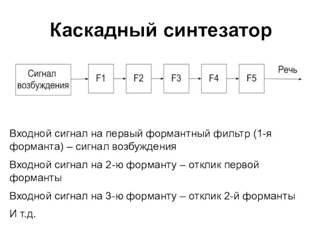 Каскадный синтезатор Входной сигнал на первый формантный фильтр (1-я форманта) – сигнал