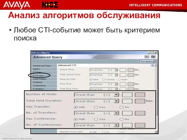 Анализ алгоритмов обслуживания Любое CTI-событие может быть критерием поиска