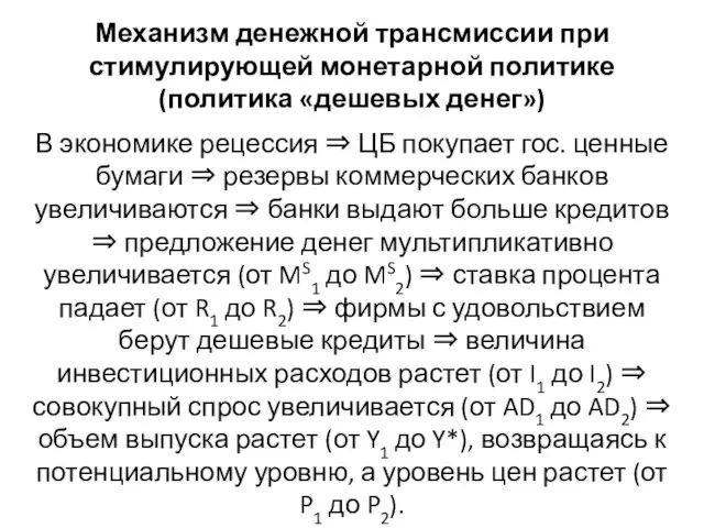 Механизм денежной трансмиссии при стимулирующей монетарной политике (политика «дешевых денег») В экономике