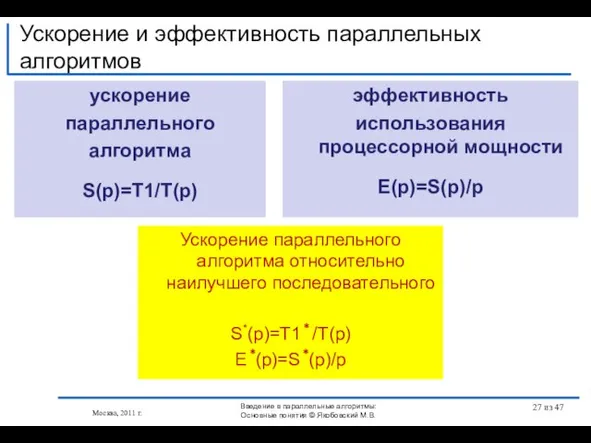 ускорение параллельного алгоритма S(p)=T1/T(p) Ускорение и эффективность параллельных алгоритмов Москва, 2011 г.