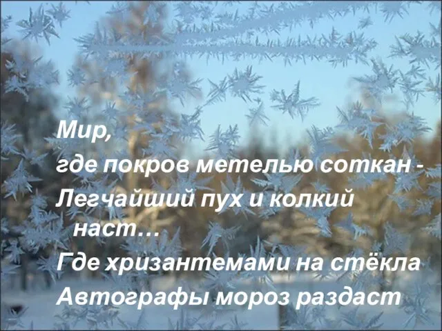 Мир, где покров метелью соткан - Легчайший пух и колкий наст… Где