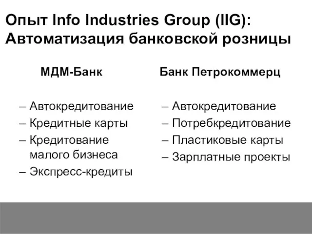 Опыт Info Industries Group (IIG): Автоматизация банковской розницы МДМ-Банк Автокредитование Кредитные карты