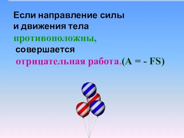 Если направление силы и движения тела противоположны, совершается отрицательная работа.(А = - FS)