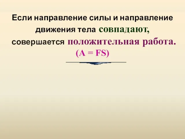 Если направление силы и направление движения тела совпадают, совершается положительная работа. (А = FS)