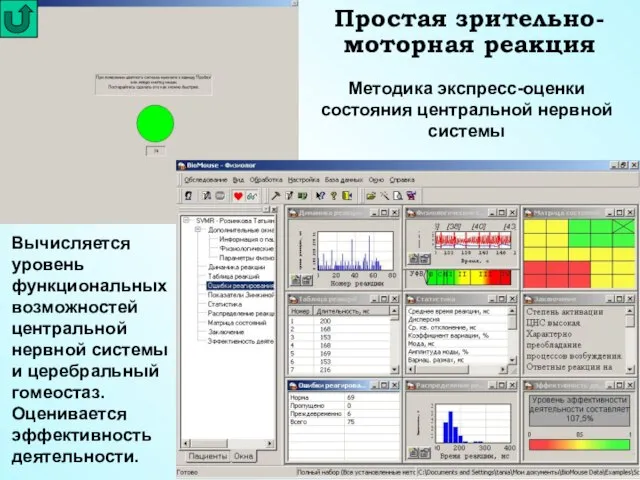 Простая зрительно-моторная реакция Вычисляется уровень функциональных возможностей центральной нервной системы и церебральный