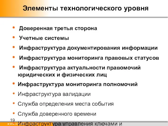 Элементы технологического уровня Доверенная третья сторона Учетные системы Инфраструктура документирования информации Инфраструктура