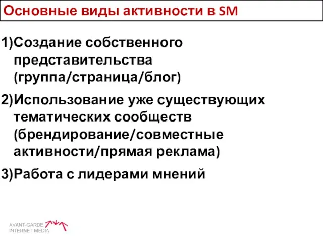 Создание собственного представительства (группа/страница/блог) Использование уже существующих тематических сообществ (брендирование/совместные активности/прямая реклама)