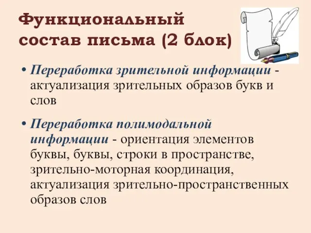 Функциональный состав письма (2 блок) Переработка зрительной информации - актуализация зрительных образов