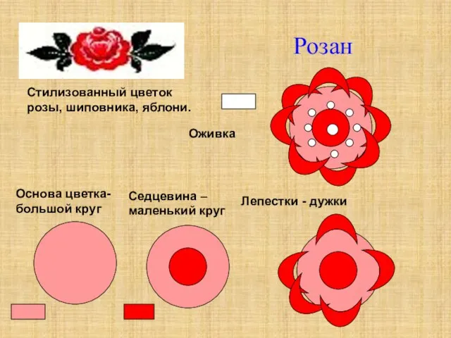 Розан Стилизованный цветок розы, шиповника, яблони. Основа цветка- большой круг Седцевина –