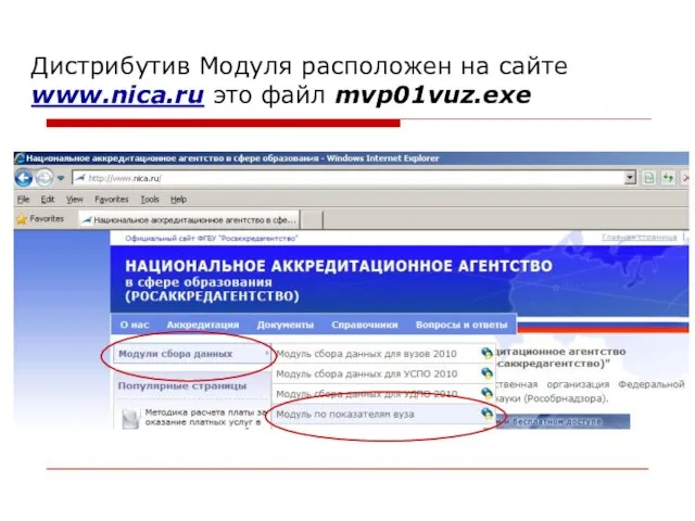 Дистрибутив Модуля расположен на сайте www.nica.ru это файл mvp01vuz.exe