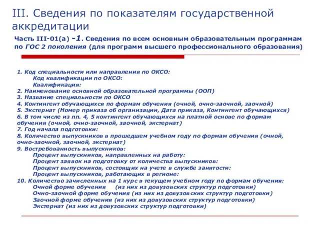 III. Сведения по показателям государственной аккредитации Часть III-01(а) -1. Сведения по всем