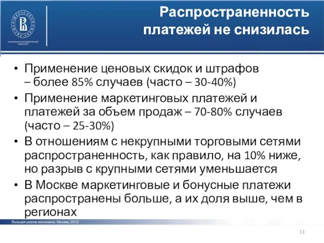 Распространенность платежей не снизилась Применение ценовых скидок и штрафов – более 85%