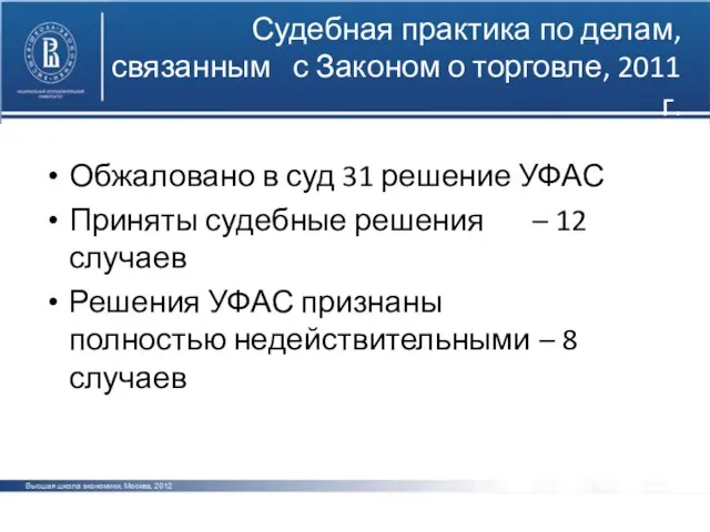 Судебная практика по делам, связанным с Законом о торговле, 2011 г. Обжаловано