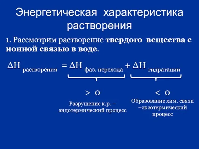 Энергетическая характеристика растворения ∆Н растворения = ∆Н фаз. перехода + ∆Н гидратации