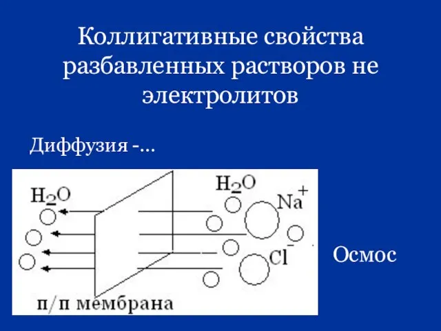 Коллигативные свойства разбавленных растворов не электролитов Диффузия -… Осмос