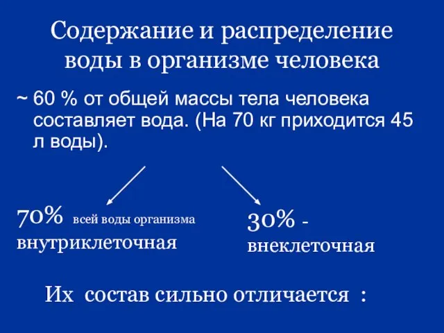 Содержание и распределение воды в организме человека ~ 60 % от общей