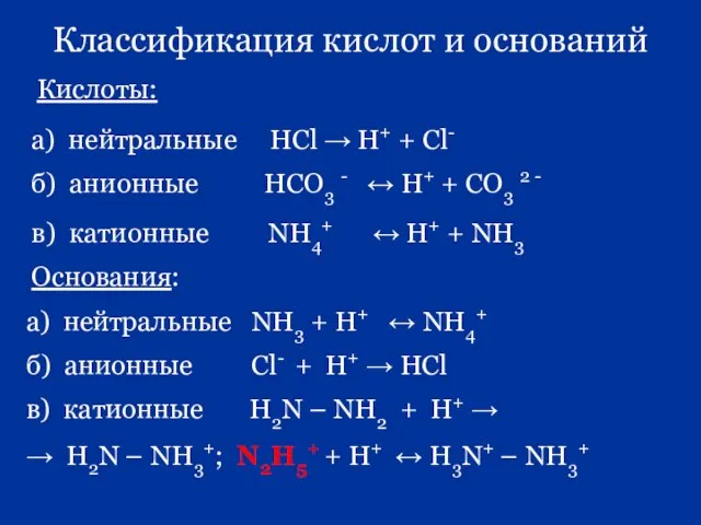 Классификация кислот и оснований Кислоты: а) нейтральные НCl → H+ + Cl-