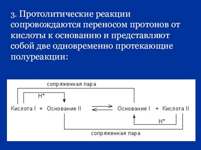 3. Протолитические реакции сопровождаются переносом протонов от кислоты к основанию и представляют