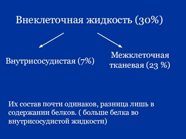 Внеклеточная жидкость (30%) Внутрисосудистая (7%) Межклеточная тканевая (23 %) Их состав почти