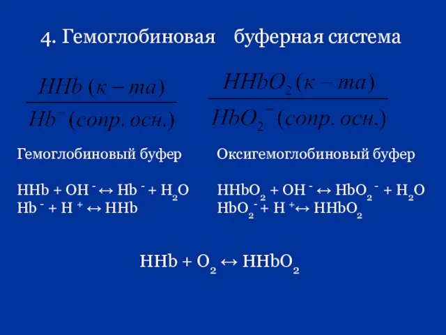 4. Гемоглобиновая буферная система HHb + O2 ↔ HHbO2 Гемоглобиновый буфер HHb