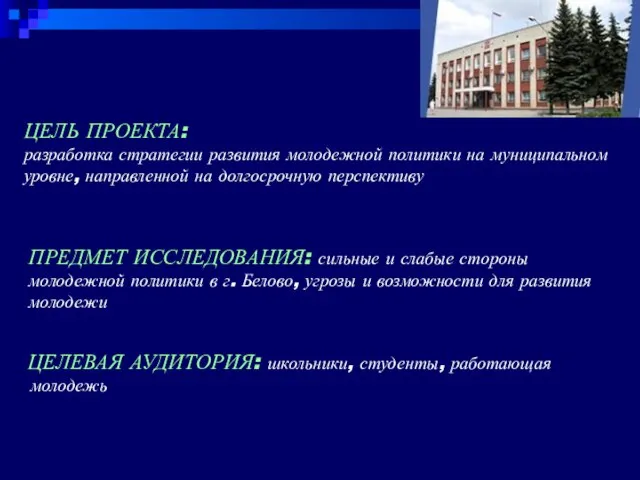 ЦЕЛЕВАЯ АУДИТОРИЯ: школьники, студенты, работающая молодежь ПРЕДМЕТ ИССЛЕДОВАНИЯ: сильные и слабые стороны