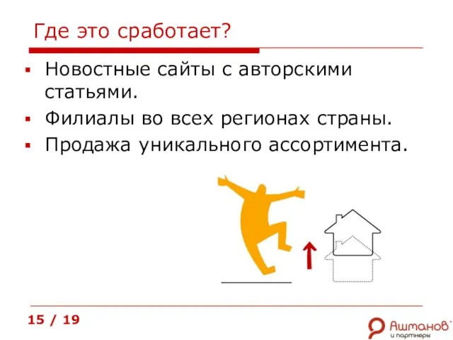 Где это сработает? 15 / 19 Новостные сайты с авторскими статьями. Филиалы