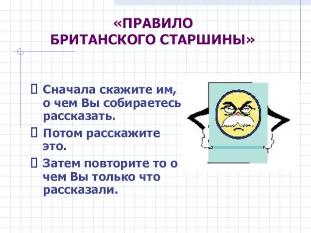 «ПРАВИЛО БРИТАНСКОГО СТАРШИНЫ» Сначала скажите им, о чем Вы собираетесь рассказать. Потом