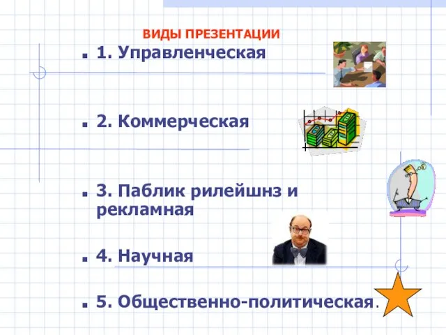 ВИДЫ ПРЕЗЕНТАЦИИ 1. Управленческая 2. Коммерческая 3. Паблик рилейшнз и рекламная 4. Научная 5. Общественно-политическая.