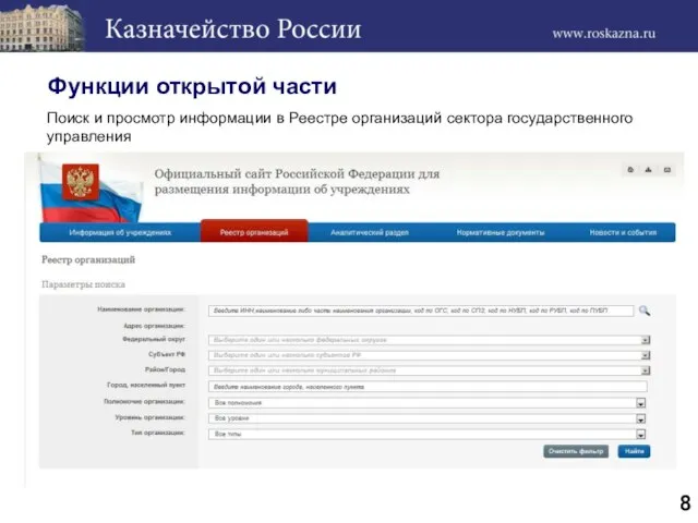 8 Поиск и просмотр информации в Реестре организаций сектора государственного управления Функции открытой части