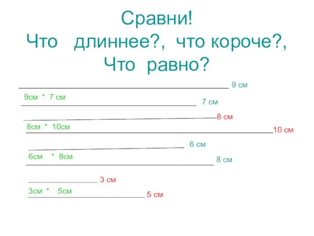 Сравни! Что длиннее?, что короче?, Что равно? 9 см 7 см 8