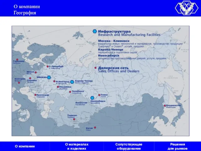 О компании География О компании О материалах и изделиях Сопутствующее оборудование Решения для рынков