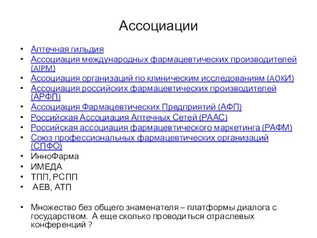 Ассоциации Аптечная гильдия Ассоциация международных фармацевтических производителей (AIPM) Ассоциация организаций по клиническим