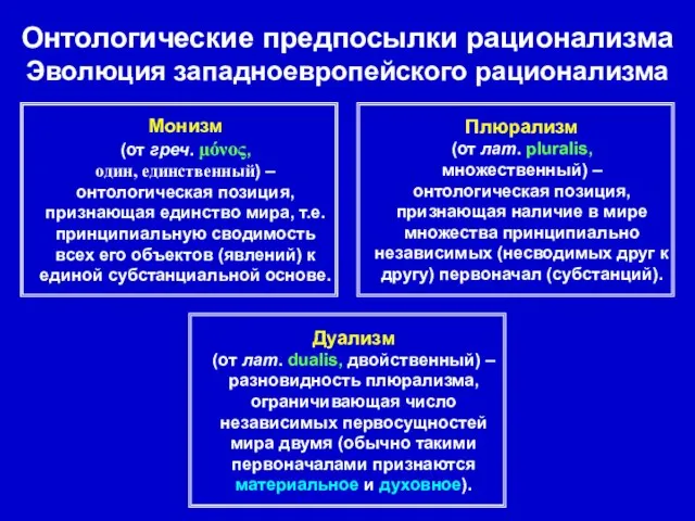 Онтологические предпосылки рационализма Эволюция западноевропейского рационализма Монизм (от греч. μόνος, один, единственный)