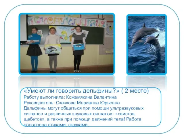 «Умеют ли говорить дельфины?» ( 2 место) Работу выполнила: Кожемякина Валентина Руководитель: