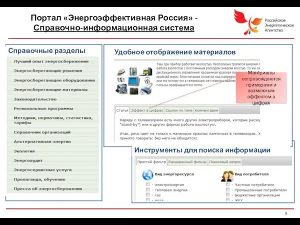 Портал «Энергоэффективная Россия» - Справочно-информационная система Удобное отображение материалов Инструменты для поиска