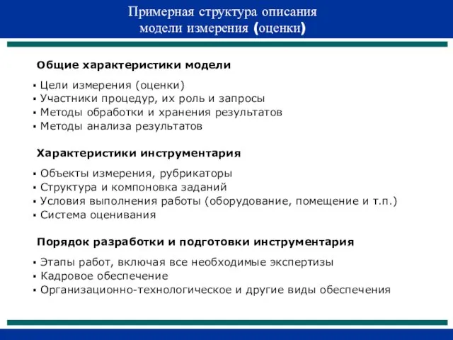 Примерная структура описания модели измерения (оценки) Общие характеристики модели Цели измерения (оценки)