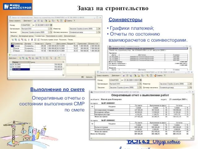 Заказ на строительство Соинвесторы Графики платежей; Отчеты по состоянию взаиморасчетов с соинвесторами.